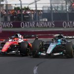 Mercedes F1 2026 aracı pistte, ön planda aerodinamik detaylar