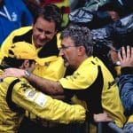 Giancarlo Fisichella, Jordan aracıyla 2003 Brezilya GP'sinde Jordan'ın Unutulmaz Zaferini kutluyor