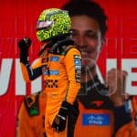 Lando Norris Miami GP 2026 zaferi sonrası podyumda, McLaren kutlamalarıyla.