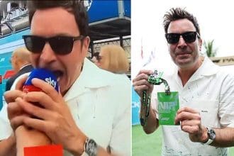 Miami Grand Prix'sinde Martin Brundle'a şaşkınlıkla bakan Jimmy Fallon.