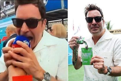 Miami Grand Prix'sinde Martin Brundle'a şaşkınlıkla bakan Jimmy Fallon.