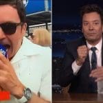 Jimmy Fallon Miami GP'de mikrofonu ısırırken çekilmiş bir fotoğraf