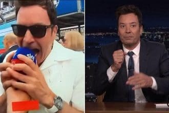 Jimmy Fallon Miami GP'de mikrofonu ısırırken çekilmiş bir fotoğraf