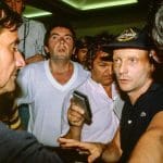 Niki Lauda, 1982'deki F1 sürücü grevi sırasında pilotlarla birlikte.