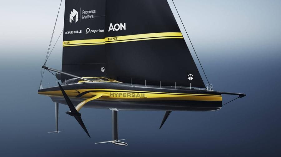 Ferrari'nin yenilenebilir enerjili hızlı tekne projesinin görseli, deniz üzerinde süzülüyor