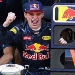 Max Verstappen zaferi sonrası podyumda sevinirken, İspanya GP, 2016