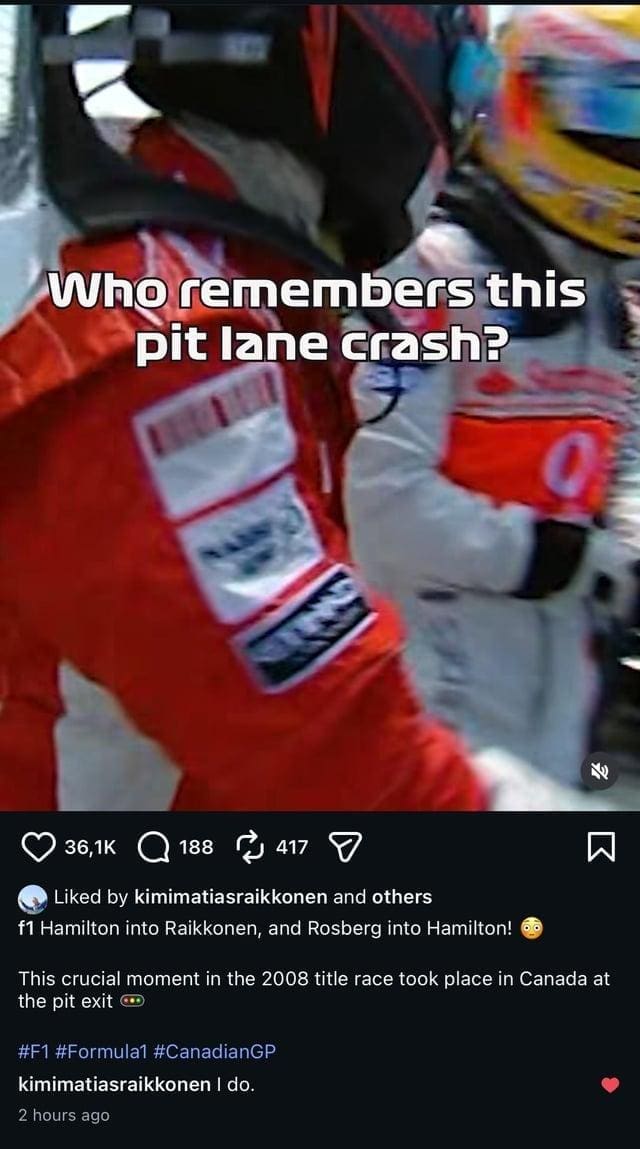 Kimi Räikkönen 2008 Kanada GP'sinde Lewis Hamilton ile kaza anı.