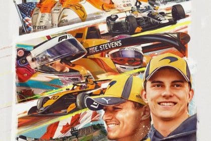 McLaren F1 aracının pistteki görüntüsü, ikonik papaya rengi ile dikkat çekiyor
