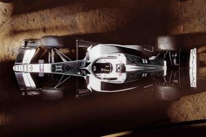 Cadillac F1 #11 kovboy livery üstten görünüm — nakış işlemeli siyah-beyaz aerodinamik paket ABD GP 2026