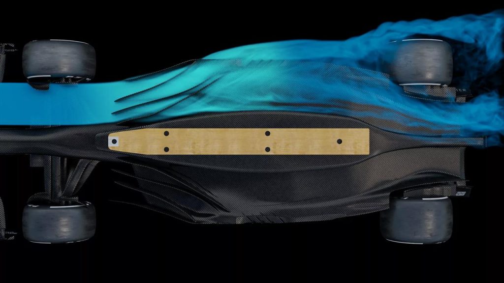 F1 aracı CFD simülasyon zemin etkisi ground effect alttan görünüm skid block tahta plaka hava akışı mavi