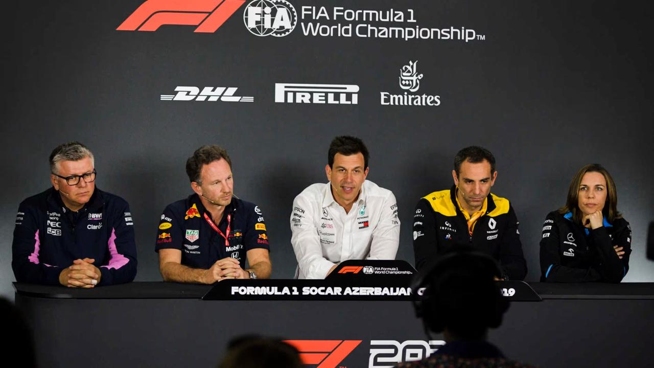F1 takım patronları Azerbaycan GP 2019 basın toplantısı — Szafnauer, Horner, Wolff, Abiteboul, Claire Williams