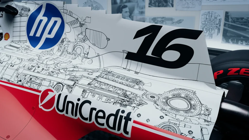 Ferrari SF-26 Austin GP ozel livery mavi blueprint grafikleri yan profil gorunum