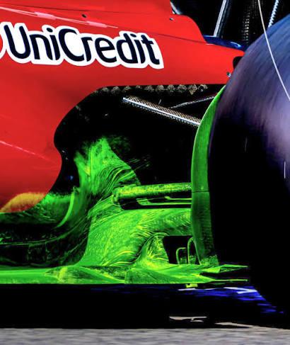 Ferrari sidepod undercut flow viz neon yeşil boya yakın çekim UniCredit hava akışı girdap