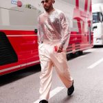 Lewis Hamilton Ferrari paddock stil sequin üst New York SoHo 2026 ABD GP