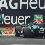 Lance Stroll Formula 1 yarış pistinde Aston Martin arabasını terk ederken