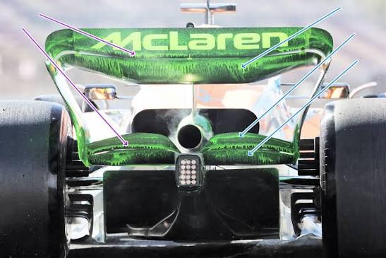 McLaren F1 arka kanat diffuser flow viz yeşil boya hava akışı okları aerodinamik