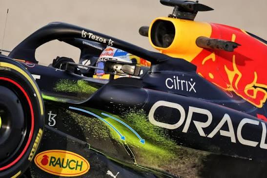 Red Bull RB18 flow viz yeşil boya sidepod hava akışı mavi ok aerodinamik test