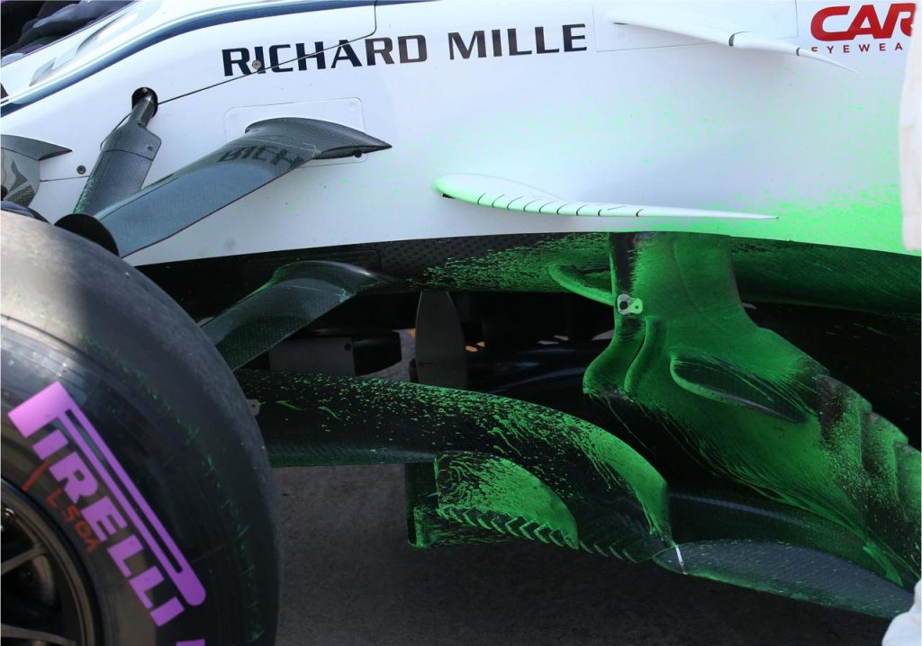 Williams FW45 flow viz yeşil boya diffuser taban kanalları yakın çekim Richard Mille Carrera Pirelli 2023
